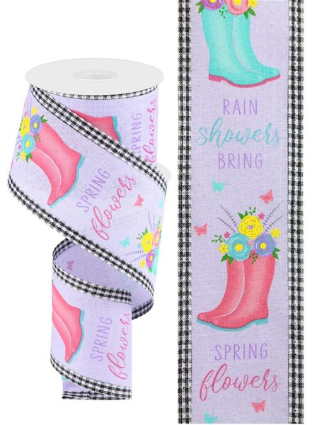 Women's rain boot in light lavender with yellow floral print on gingham edge