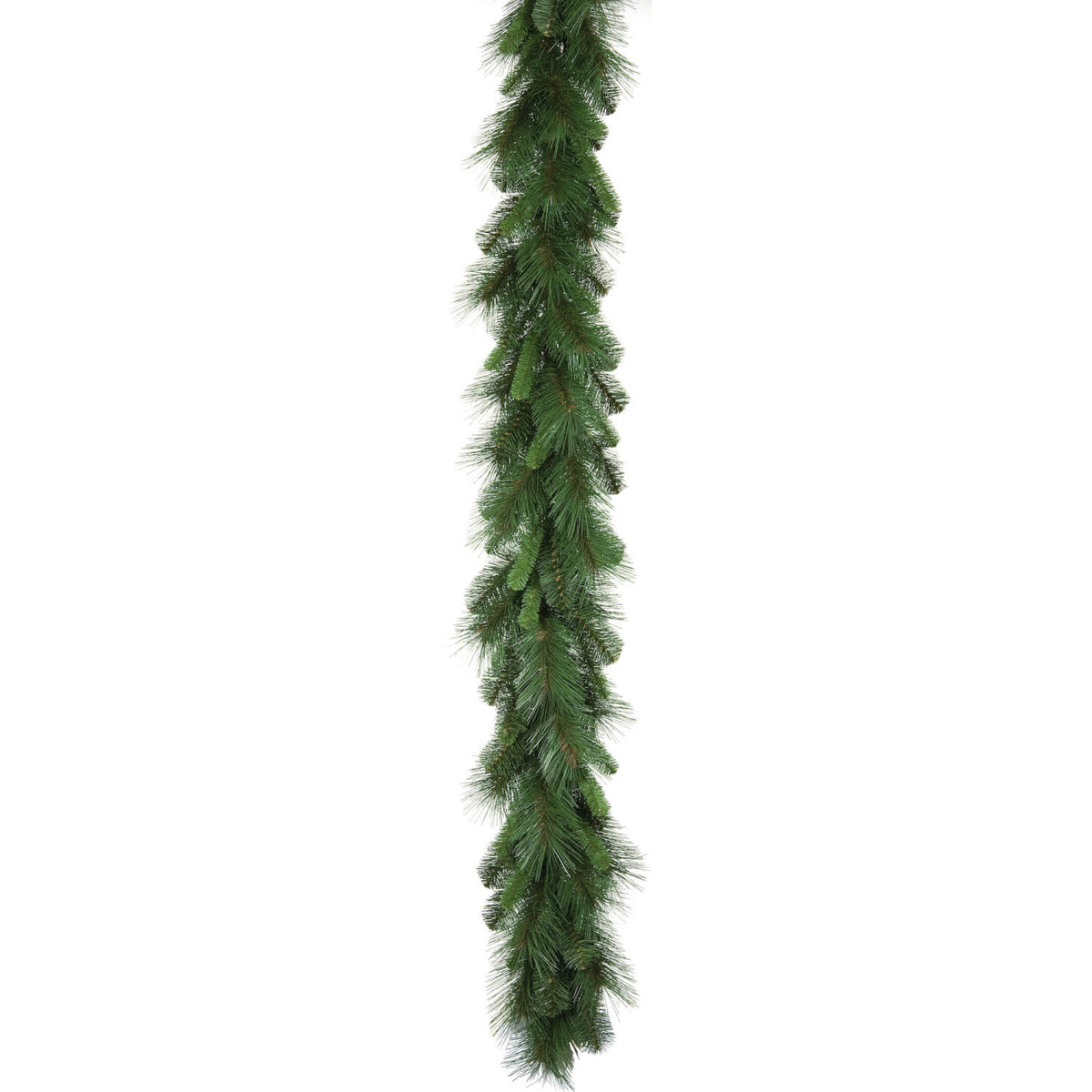 Green poly vinyl chloride mixed pine garland measuring nine feet long with twelve-inch width.