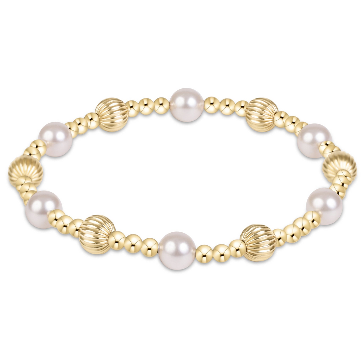 Dignity Sincerity gold-filled 6mm bead bracelet with white crystal pearls on an elastic band.