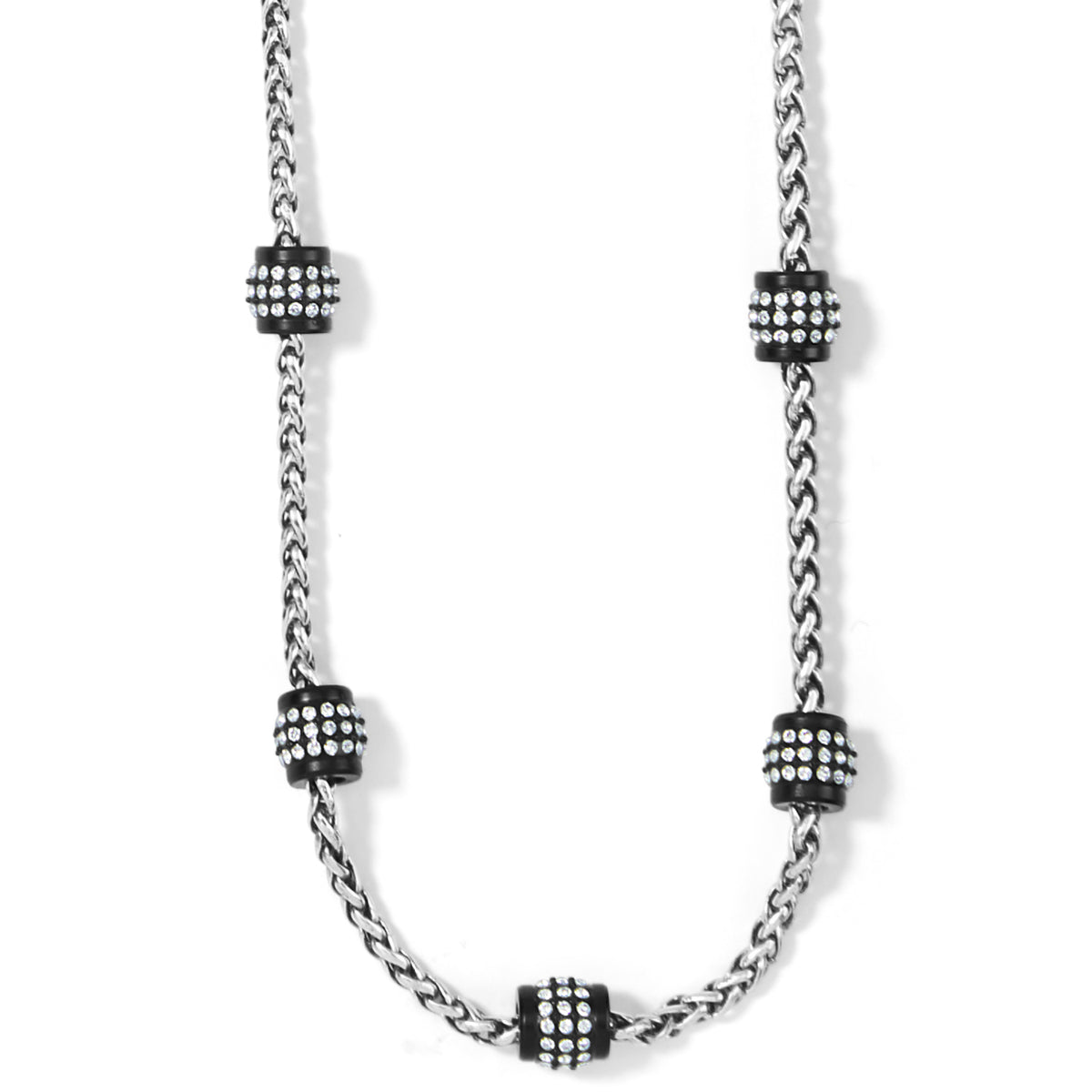 Meridian Petite Short Necklace in silver-plated chain with five black lacquer crystal-set beads.