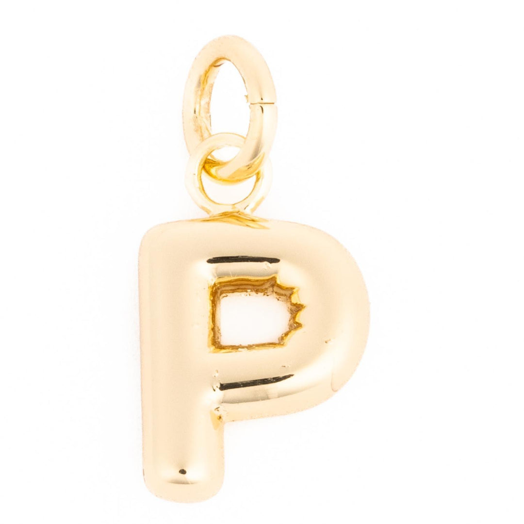 Gold-toned bubble letter P charm with a polished finish and a circular bail.