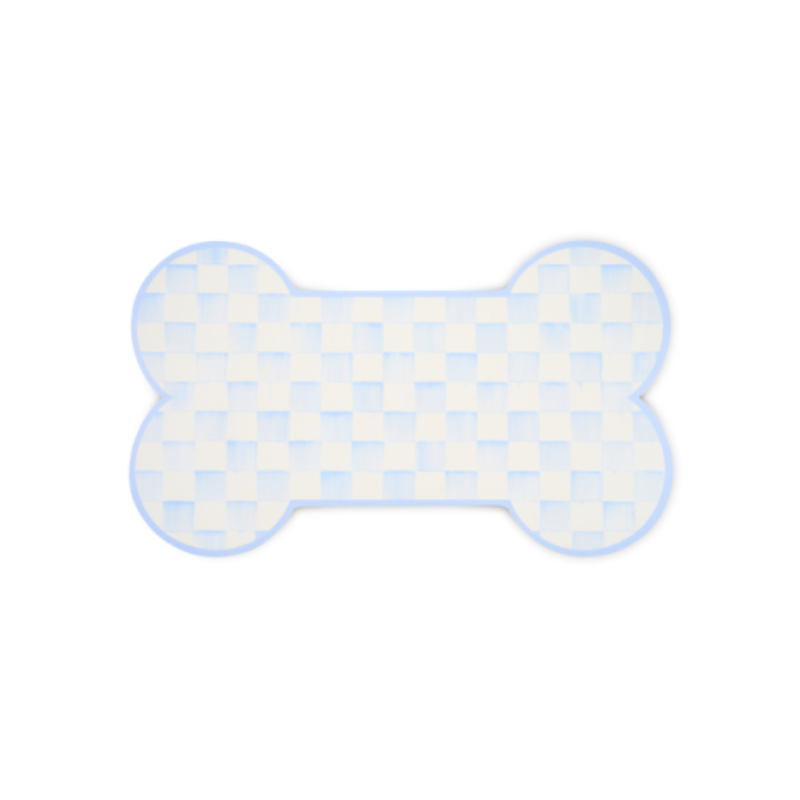 Bone-shaped placemat with a light blue and white checkered pattern and non-slip backing.