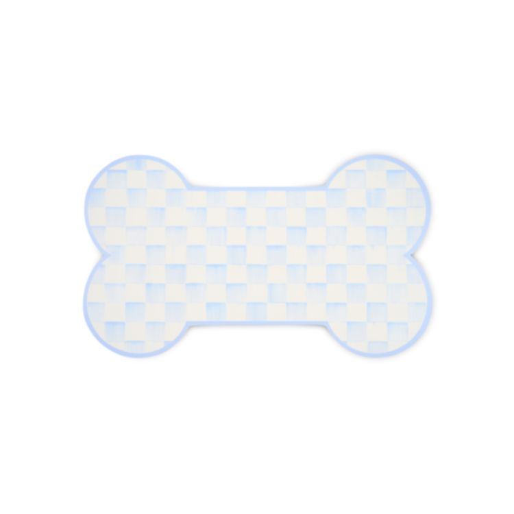 Bone-shaped placemat with a light blue and white checkered pattern and non-slip backing.