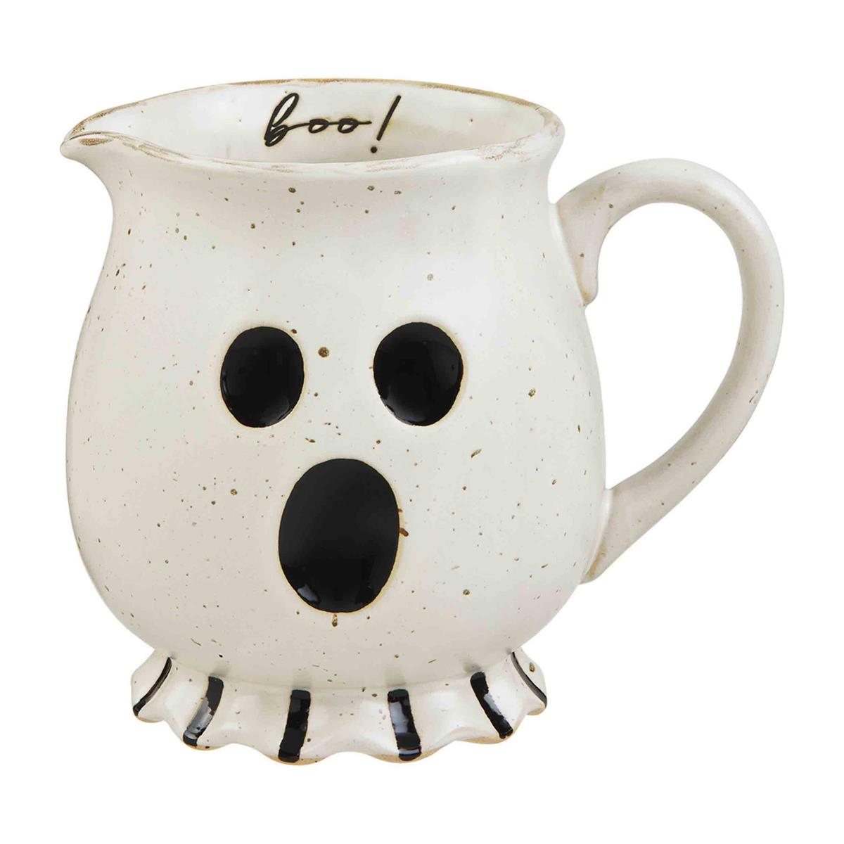 Stoneware Ghost Pitcher in white with black ghost silhouettes on a matte finish.
