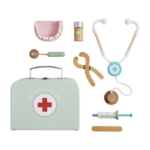 Wood Doctor Play Set in pine with stethoscope, syringe, teeth model, and tools inside a paper-wrapped suitcase.