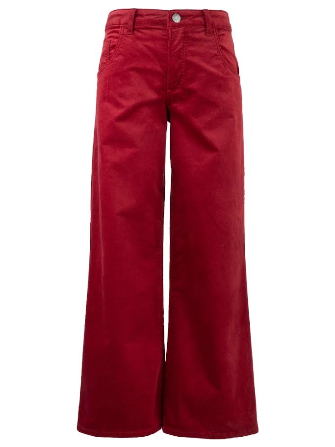 Women's Jean High Rise Flare in mid-wash denim with a wide leg silhouette and button fly.
