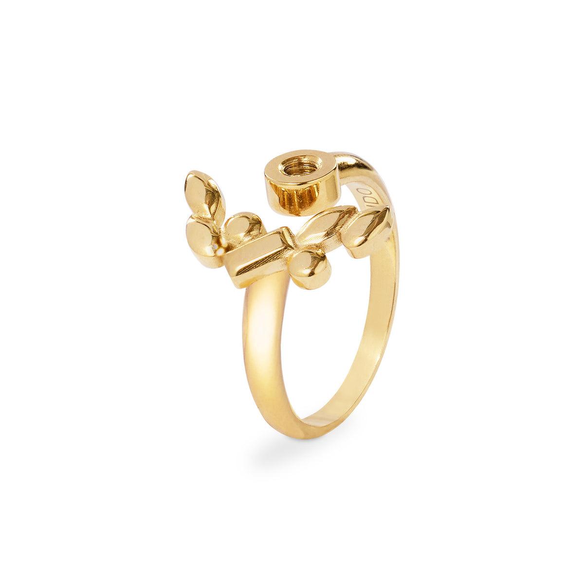 Gold adjustable ring with a floral design and a nut detail at the top.