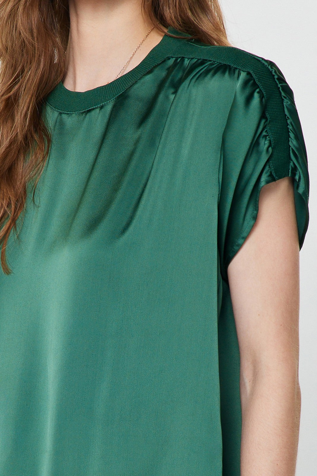 Mina round neck short sleeve cropped blouse in polyester satin with gathered shoulders