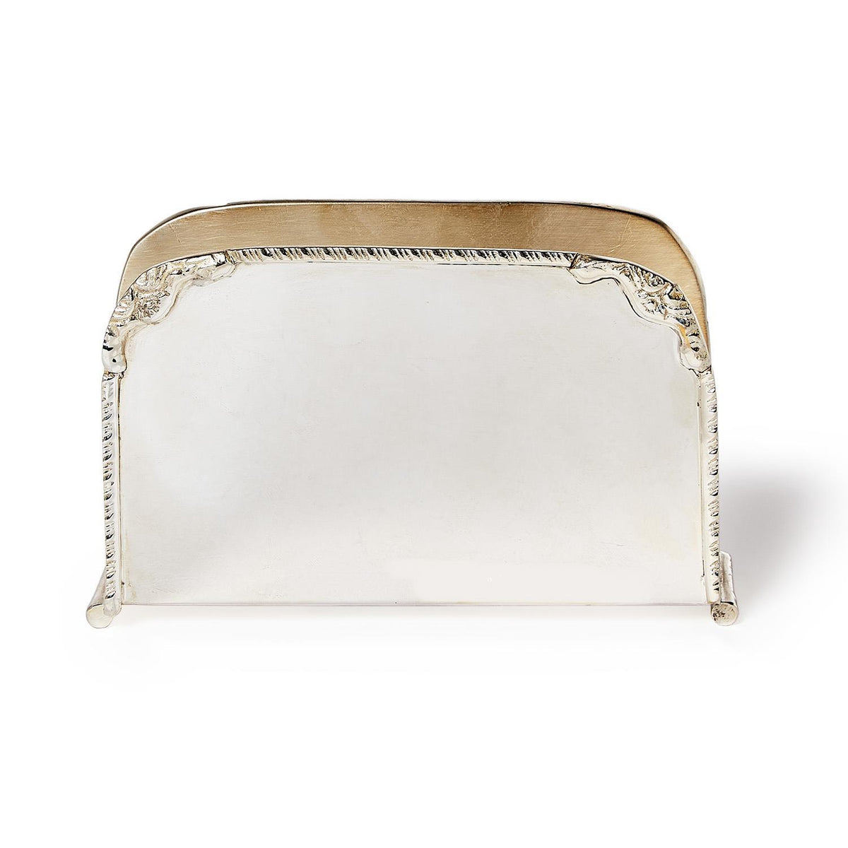 Silver-plated brass napkin holder with decorative scrolled edges and a polished finish.