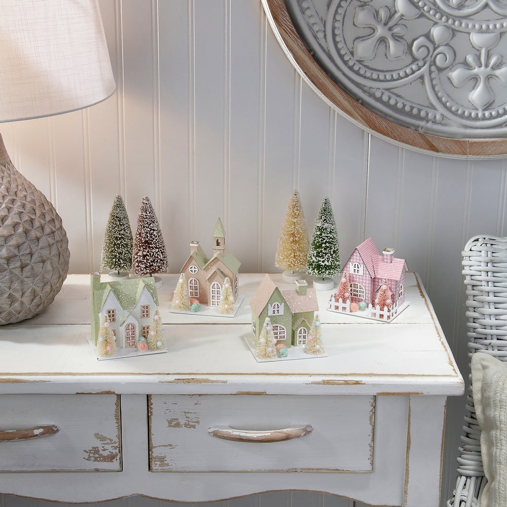 Cardboard Easter house with soft LED glow, sugared finish, spring tree patterns, and ON/OFF switch.