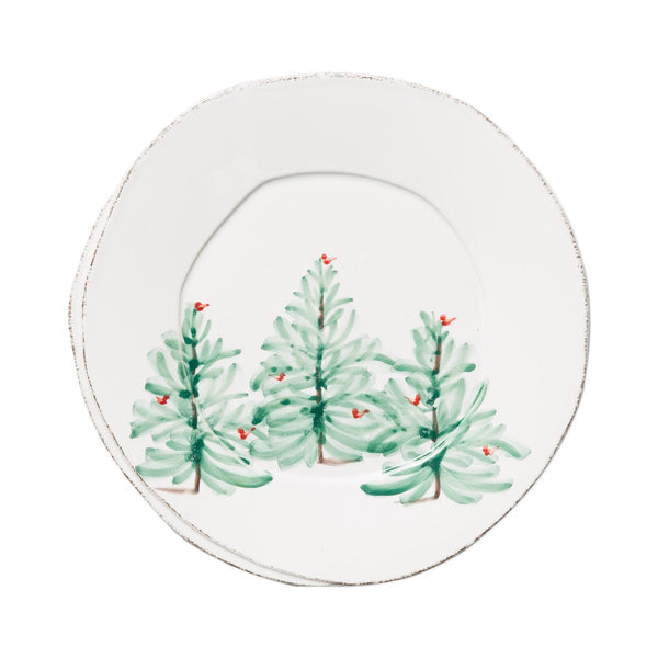White Italian stoneware dinner plate featuring three hand-painted green Christmas trees with birds.