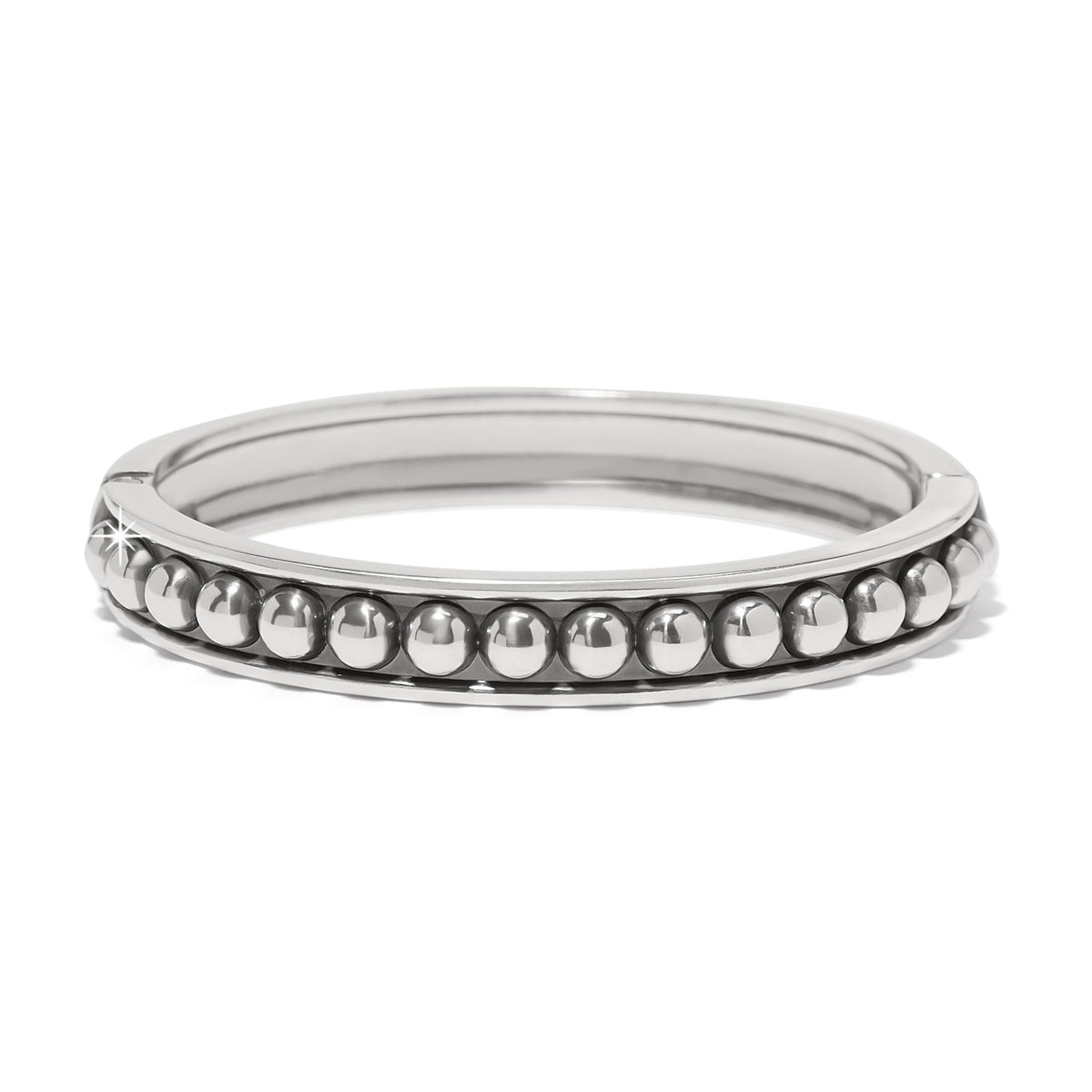 Silver plated Pretty Tough Stud Hinged Bangle featuring a row of polished silver studs.