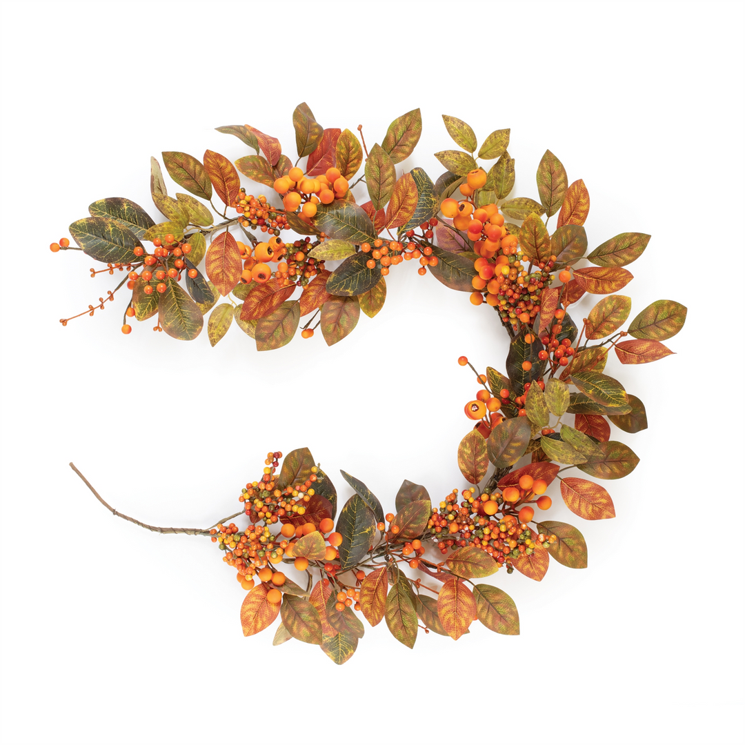 5-foot mixed berry and autumn leaf garland with orange berries and multi-toned fall foliage.