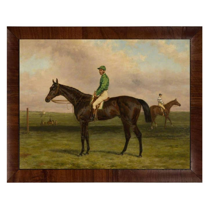 Vintage oil painting of a jockey in green on a dark horse, framed in dark wood.
