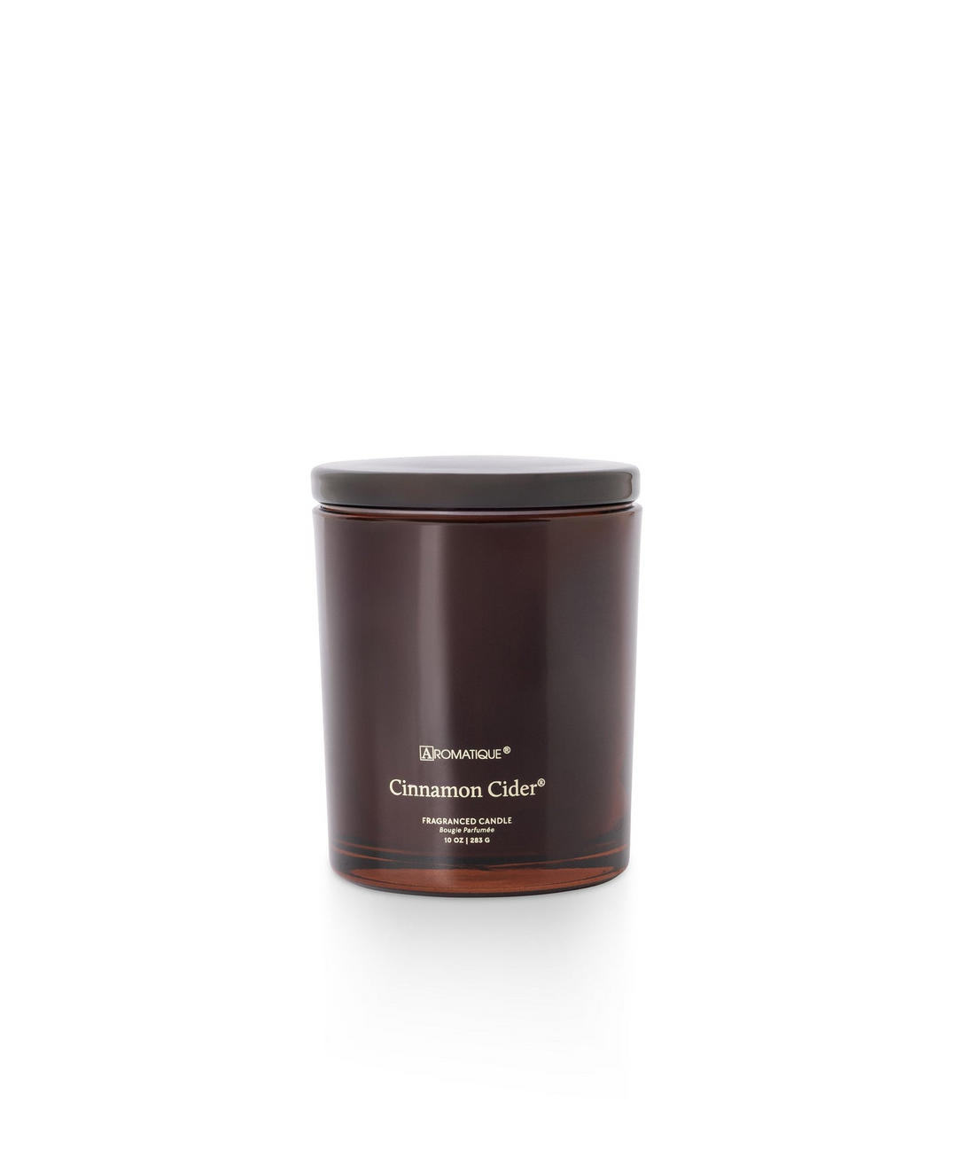 Cinnamon Cider 10 oz fragranced candle in a deep amber glass vessel with a dark lid.