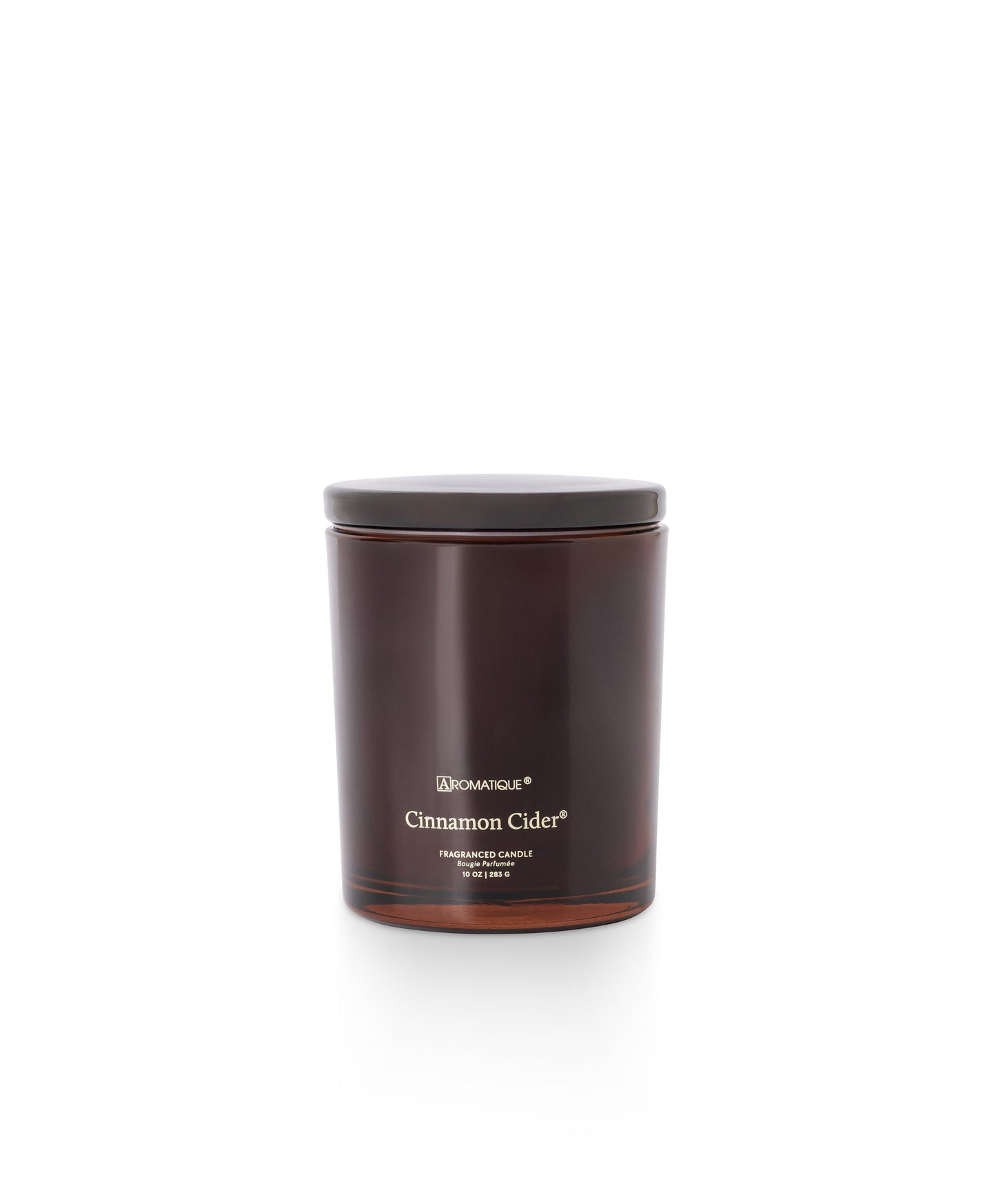 Cinnamon Cider 10 oz fragranced candle in a deep amber glass vessel with a dark lid.