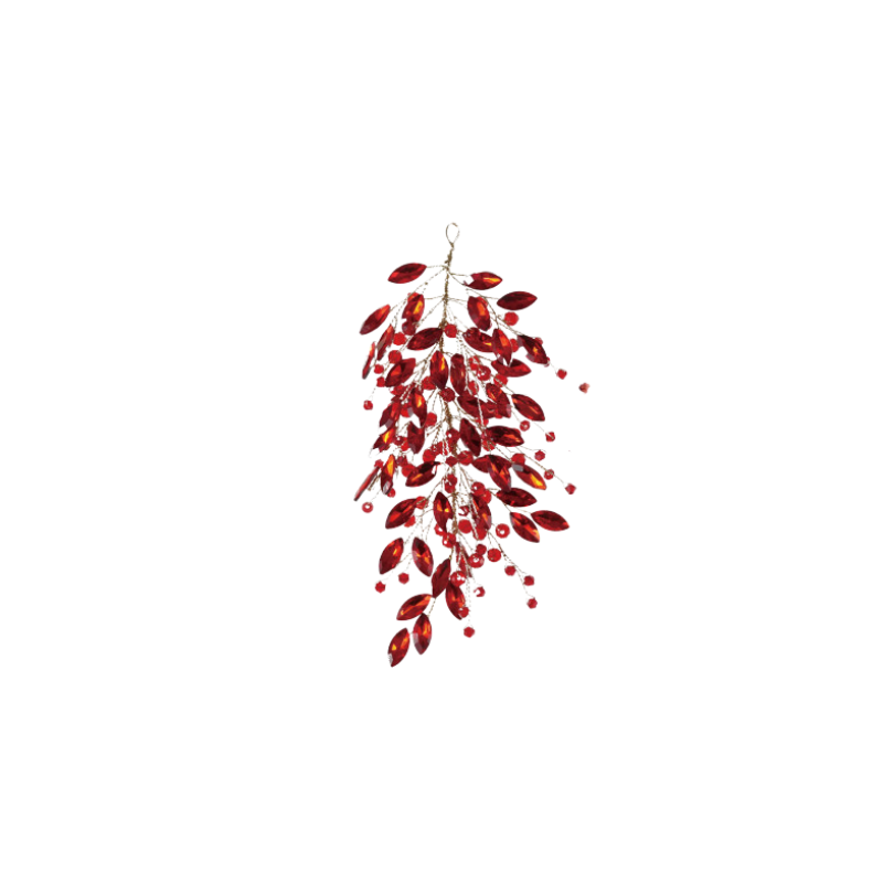 Red jeweled ornament spray with acrylic leaf-shaped gems and wire zircon details.