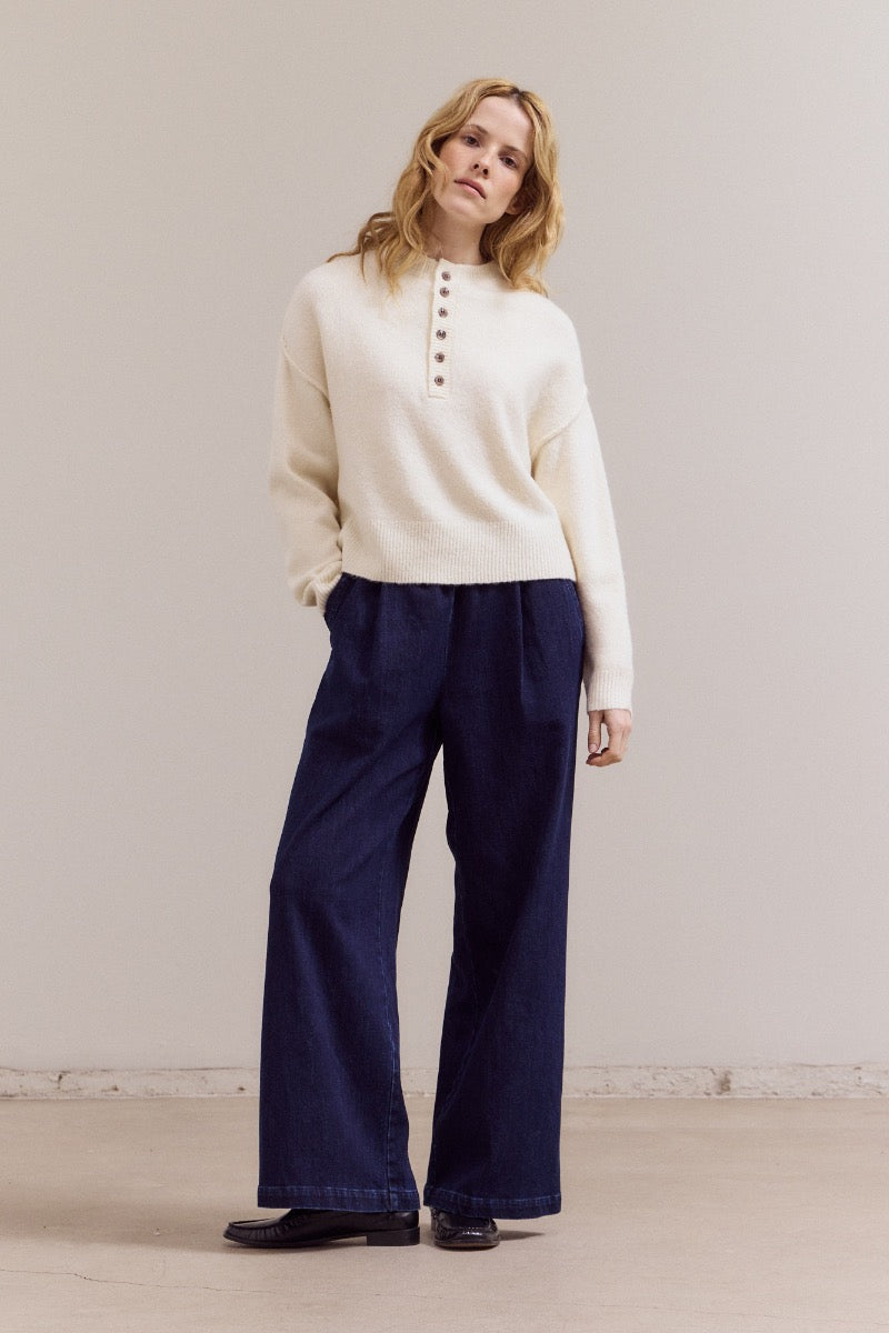 Natasha half button down sweater in soft gray knit with relaxed fit.