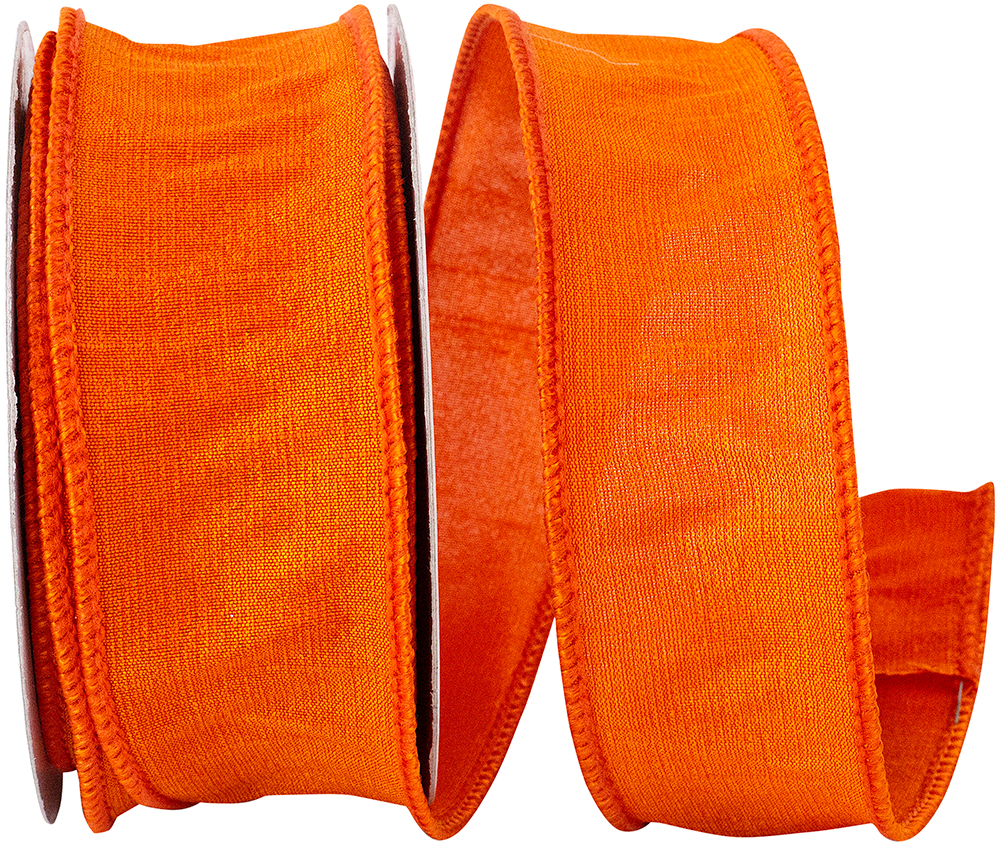 1-1/2 inch tangerine Dupioni flame wired edge ribbon on a spool.