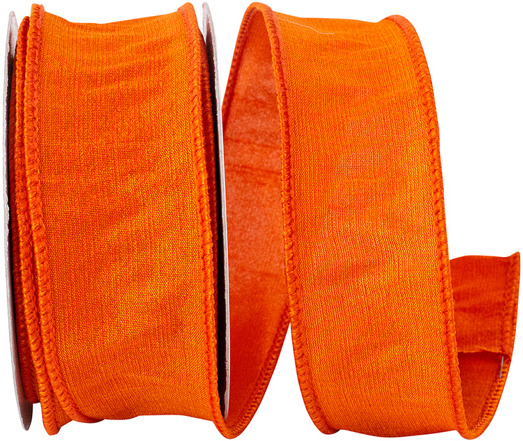 1-1/2 inch tangerine Dupioni flame wired edge ribbon on a spool.