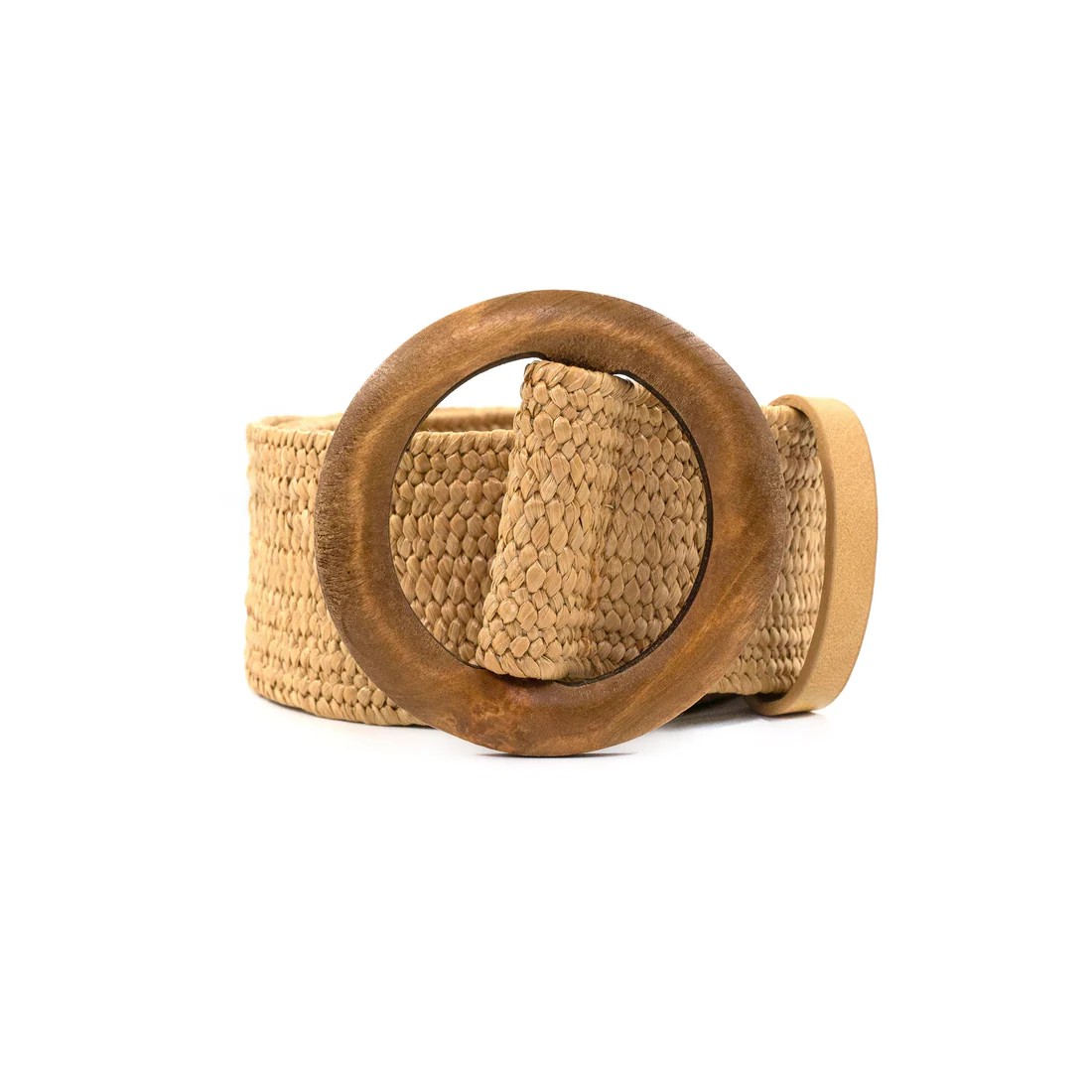 Brown elastic belt with a rectangular wooden buckle.