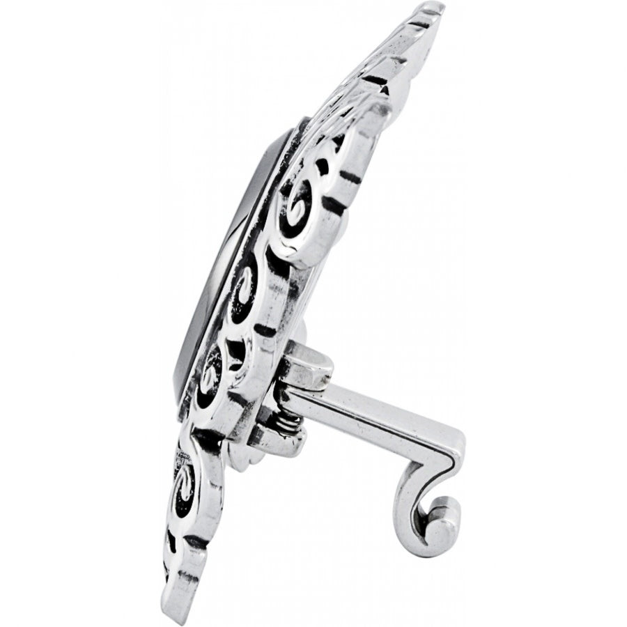 Silver plated Geneva clock with Victorian-inspired cutout snowflake patterns on a swivel arm.