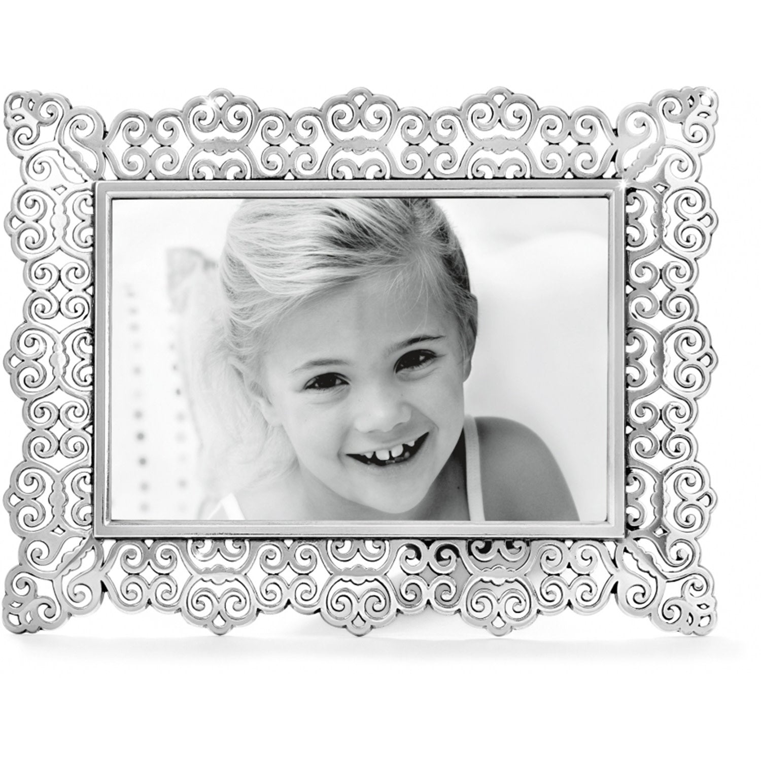 Silver plated Geneva large frame with Victorian-inspired cutouts holding a photo