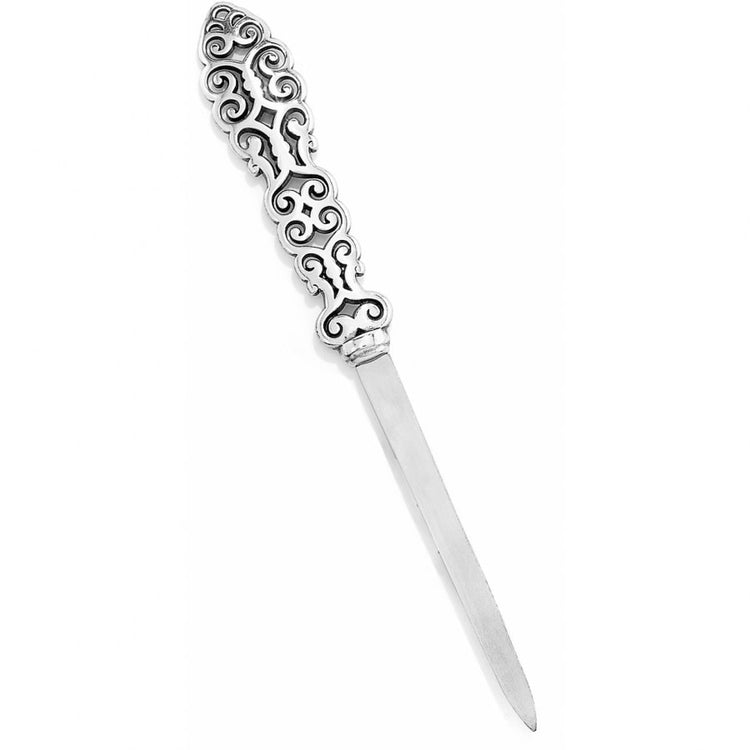 Silver plated Geneva letter opener with elegant engraved text on a rectangular handle.