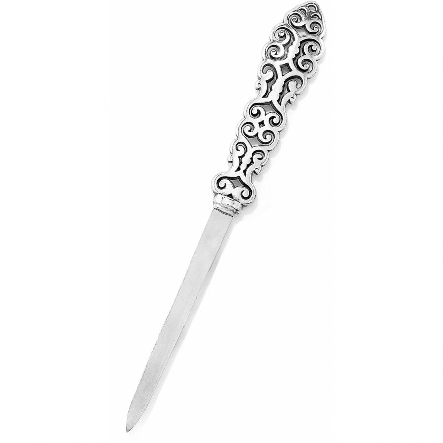 Silver plated Geneva letter opener with a sleek rectangular blade.