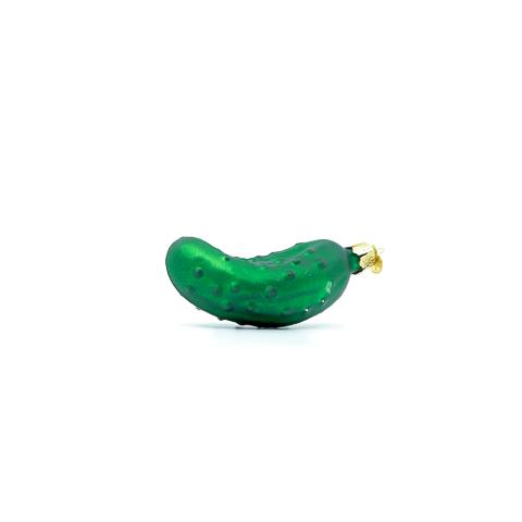 Green glass pickle Christmas ornament with a gold cap on a white background.