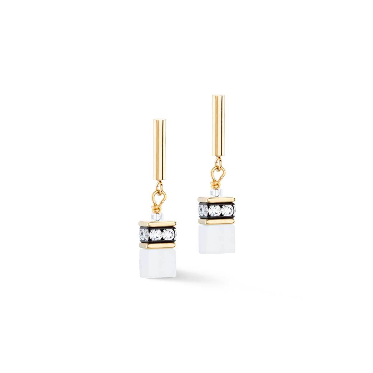 Gold-plated stainless steel stud earrings featuring synthetic tiger's eye cubes with white rhinestone rondelles.