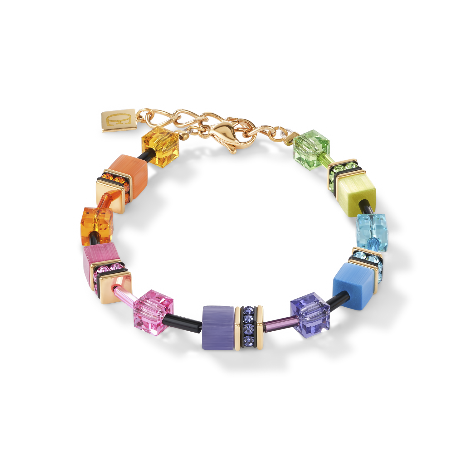 Multicolour rainbow gold Geocube bracelet featuring synthetic tiger's eye stones with Swarovski crystals and rhinestone rondelles on a stainless steel chain.