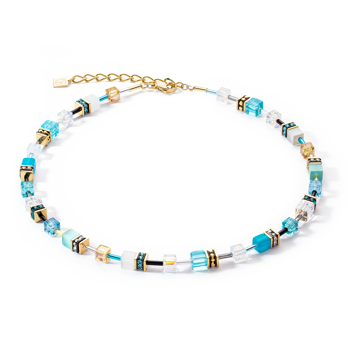 Gold-plated necklace with turquoise synthetic tiger's eye pendant featuring European crystals and rhinestone rondelles.