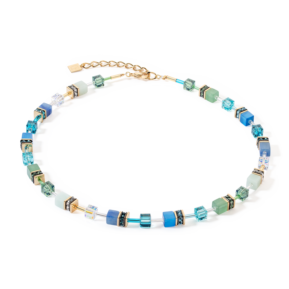 Geocube Iconic necklace featuring green-turquoise Amazonite stones with gold-plated stainless steel chain and crystal accents.