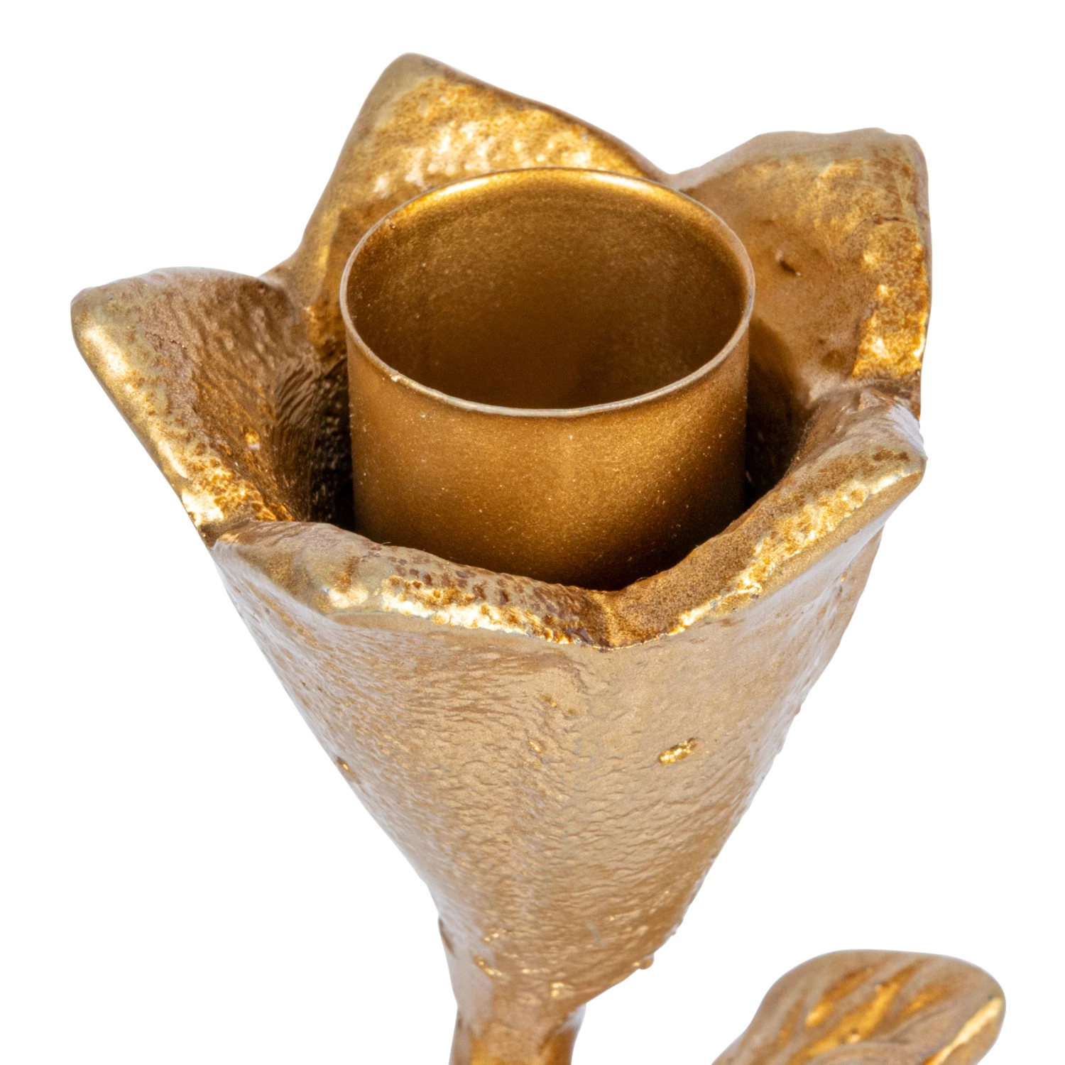 Close-up of a hand-forged gold metal candle holder shaped like a flower bud.