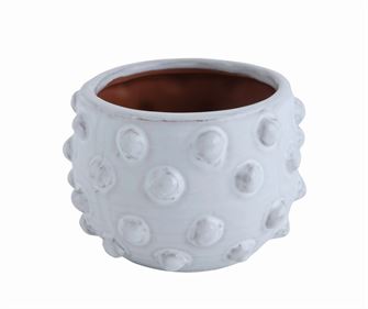 Distressed white terracotta round planter with raised dot texture