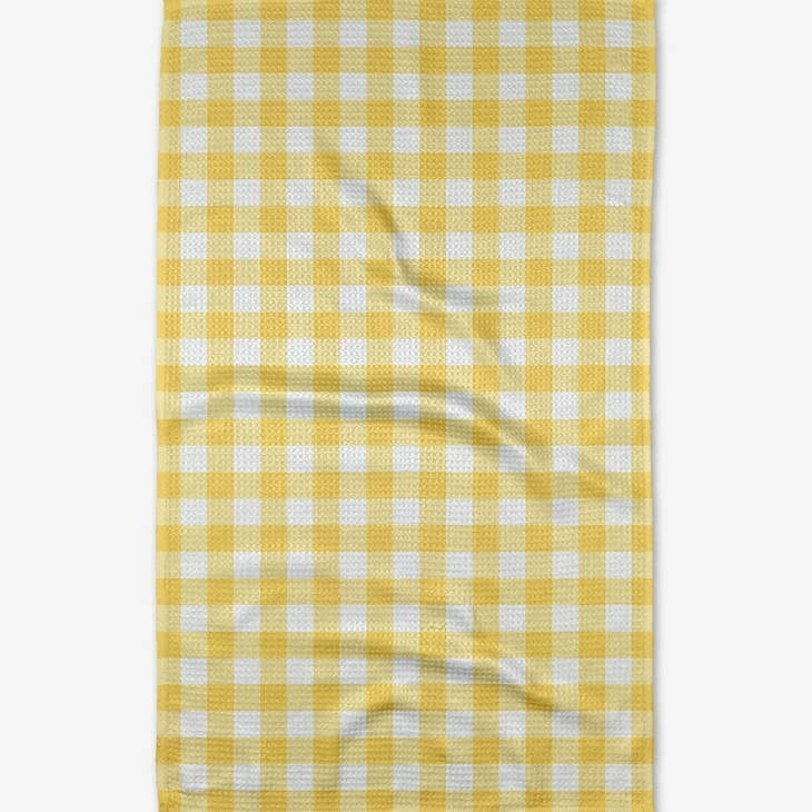 Lemon gingham waffle weave tea towel with a single-sided print.
