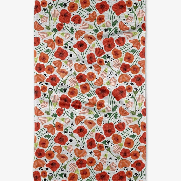 Poppy Power waffle weave tea towel with geometric print in red