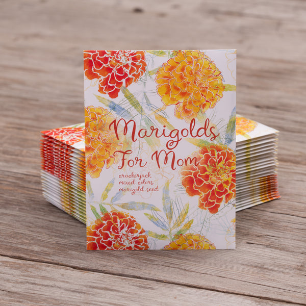 Mother's Day Seed Favor Packet featuring Fresh Crop Non-GMO retail grade seeds in a small rectangular packet.