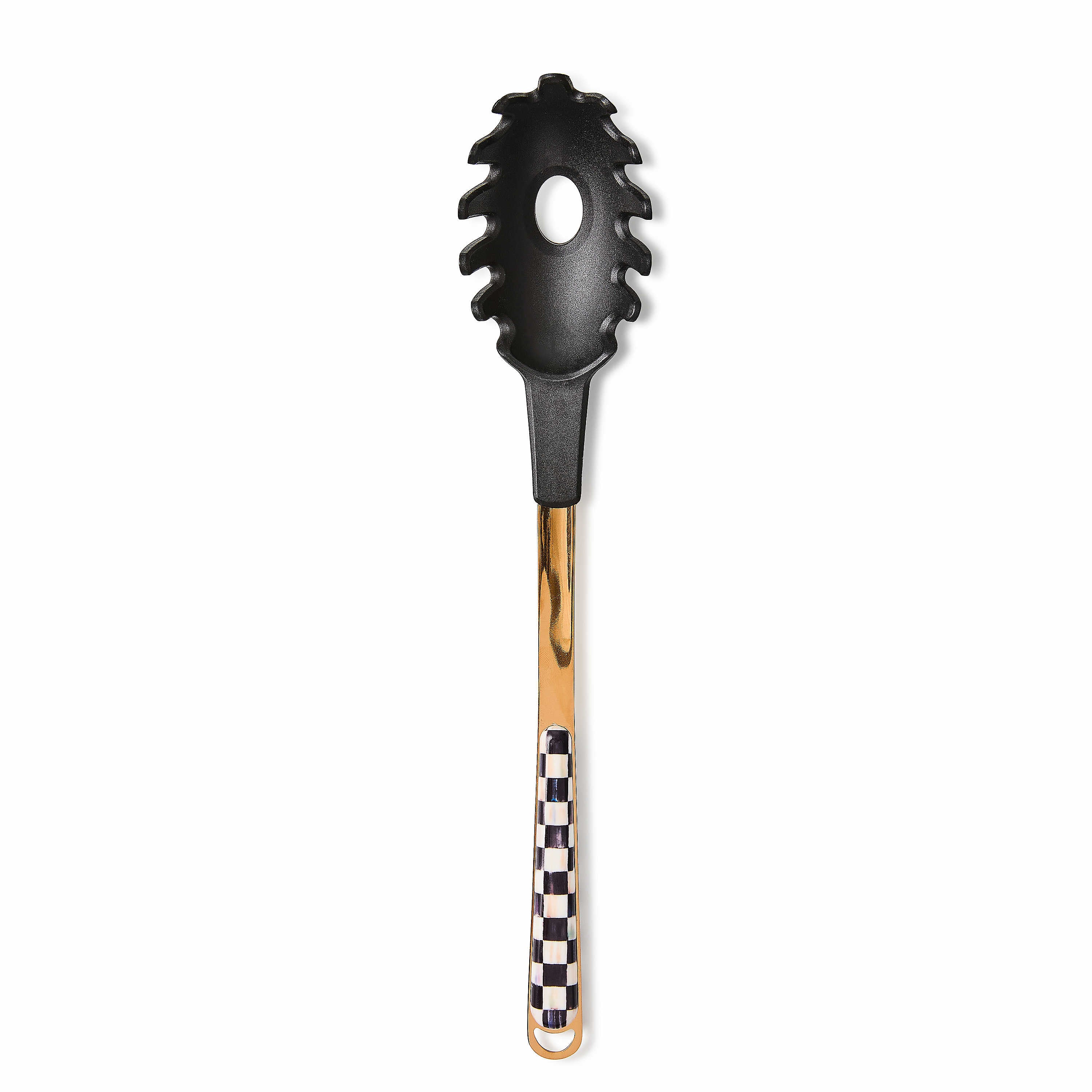 Courtly Check Pasta Spoon with black silicone head and checkered pattern handle.
