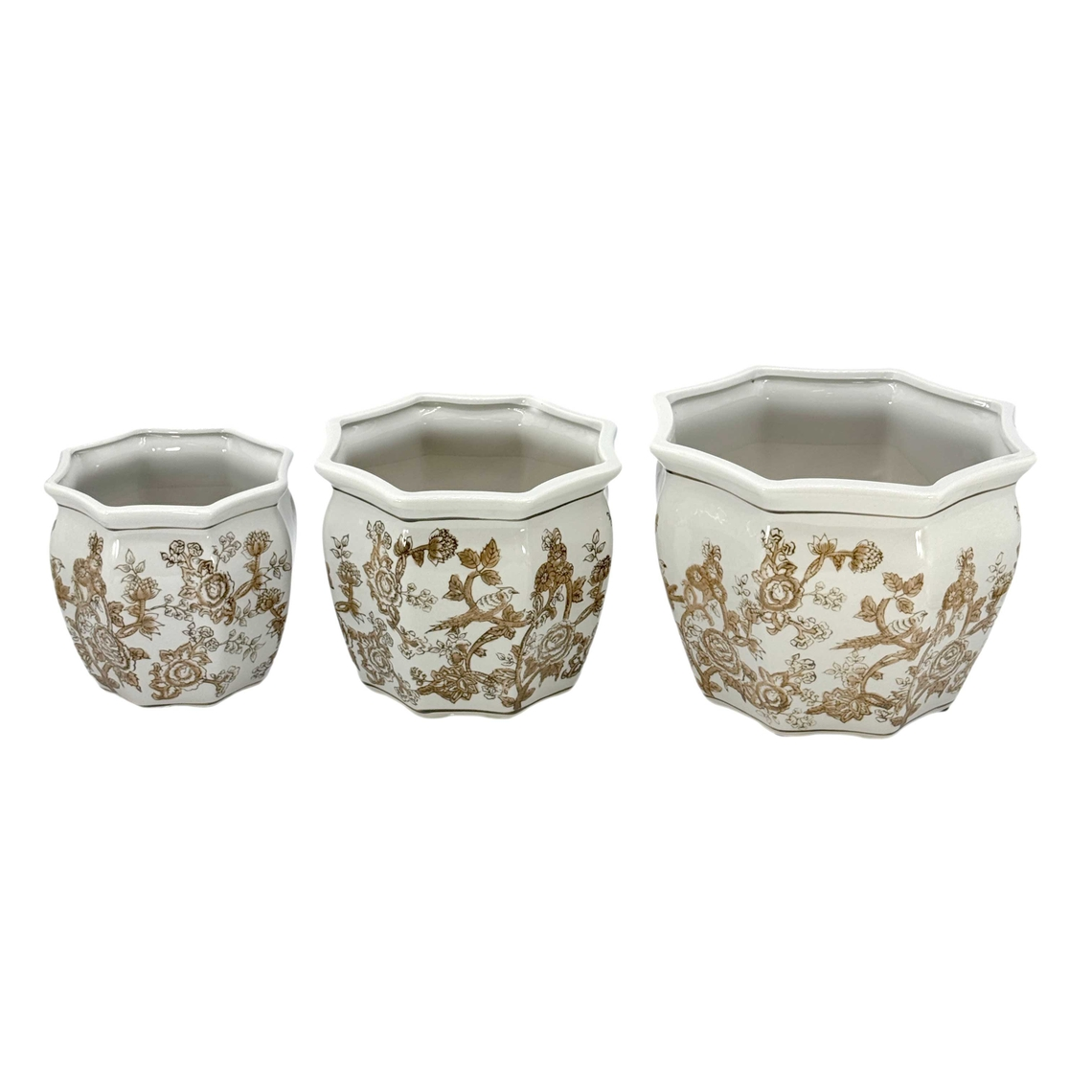 Set of three octagonal ceramic planters with brown chinoiserie floral and bird patterns.