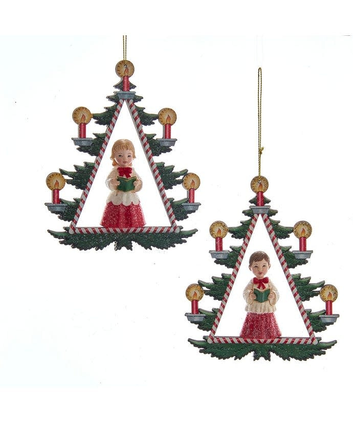 Wooden German choir boy ornament with resin accents in traditional holiday colors.