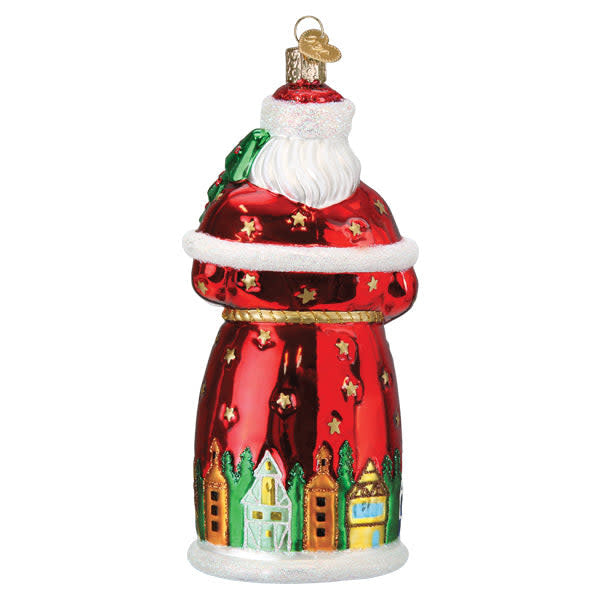 Back view of a German Santa ornament with red fabric body, gold trim, black belt buckle, and white beard.