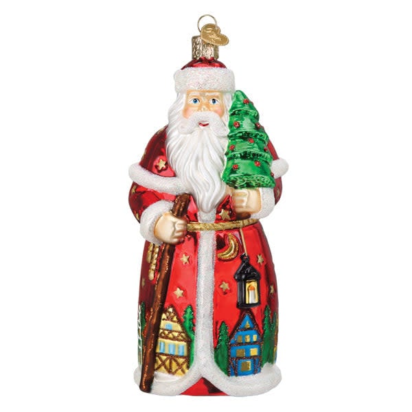 German Santa ornament featuring a red figure with white beard in traditional attire.