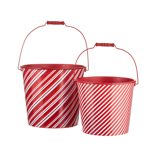 Metal bucket with paper lining featuring a striped handle in black and white.