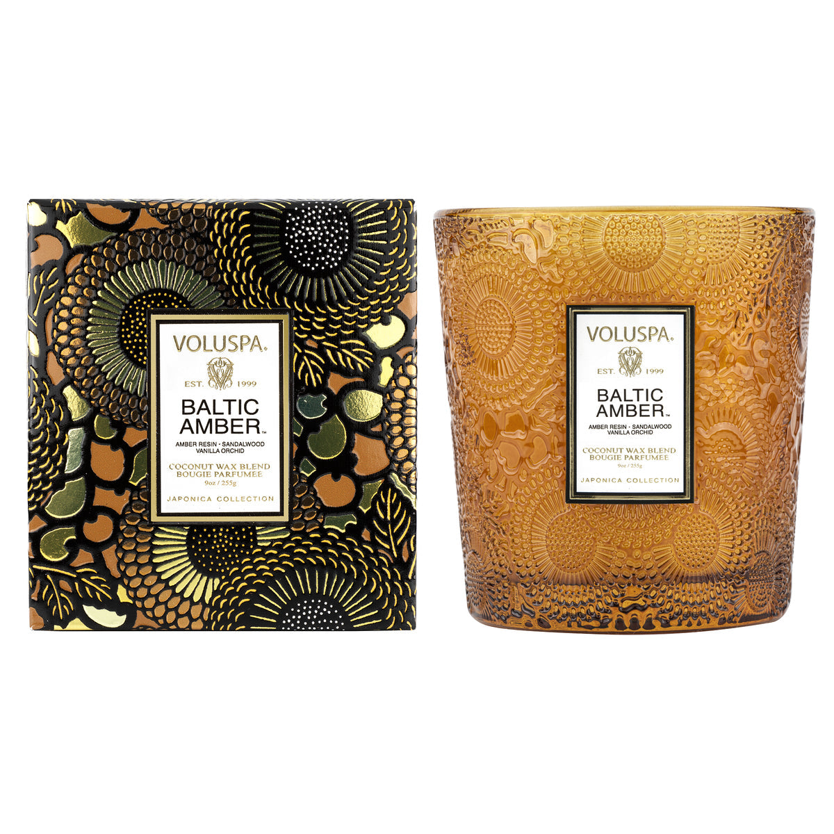 9oz Baltic Amber classic candle in a cylindrical glass jar with an off-white wick.
