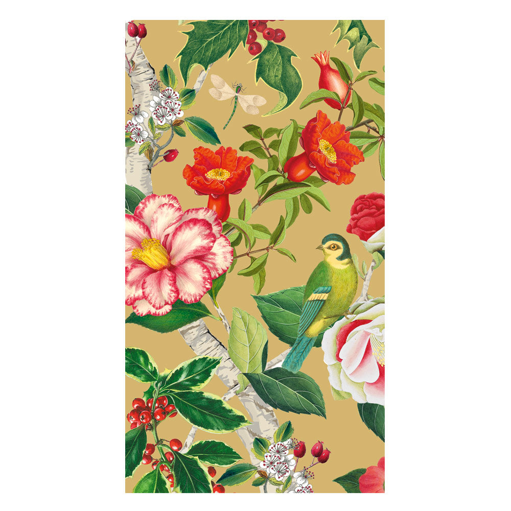 Christmas Chinoiserie Gold Guest Towels featuring a bird, red flowers, and berries on a gold base.