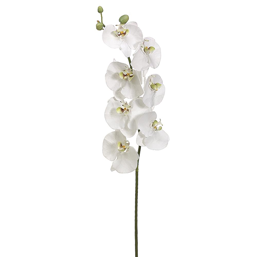 45-inch artificial Phalaenopsis orchid spray with white blooms and green foliage on a wire stem.