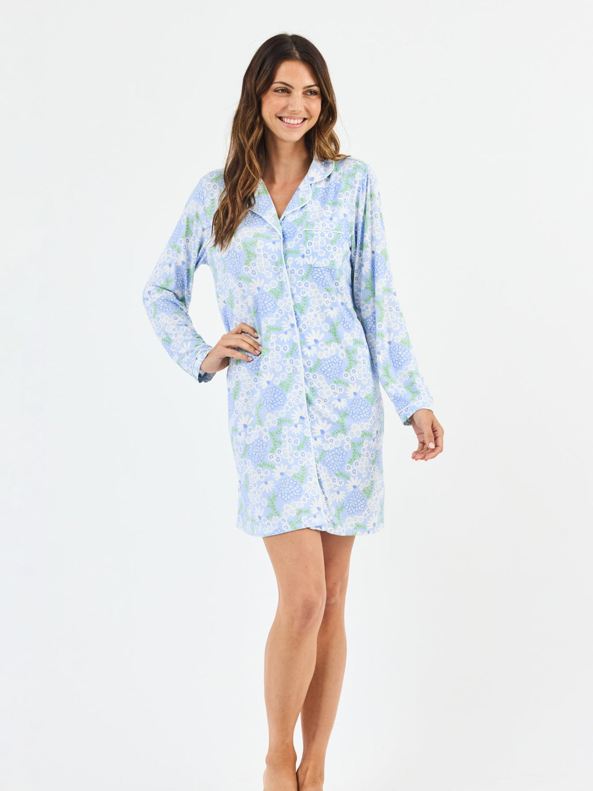 Charlotte Nightshirt in light neutral LuxBlend fabric with straight flowy fit, long sleeves, button front, collar, and contrast piping.