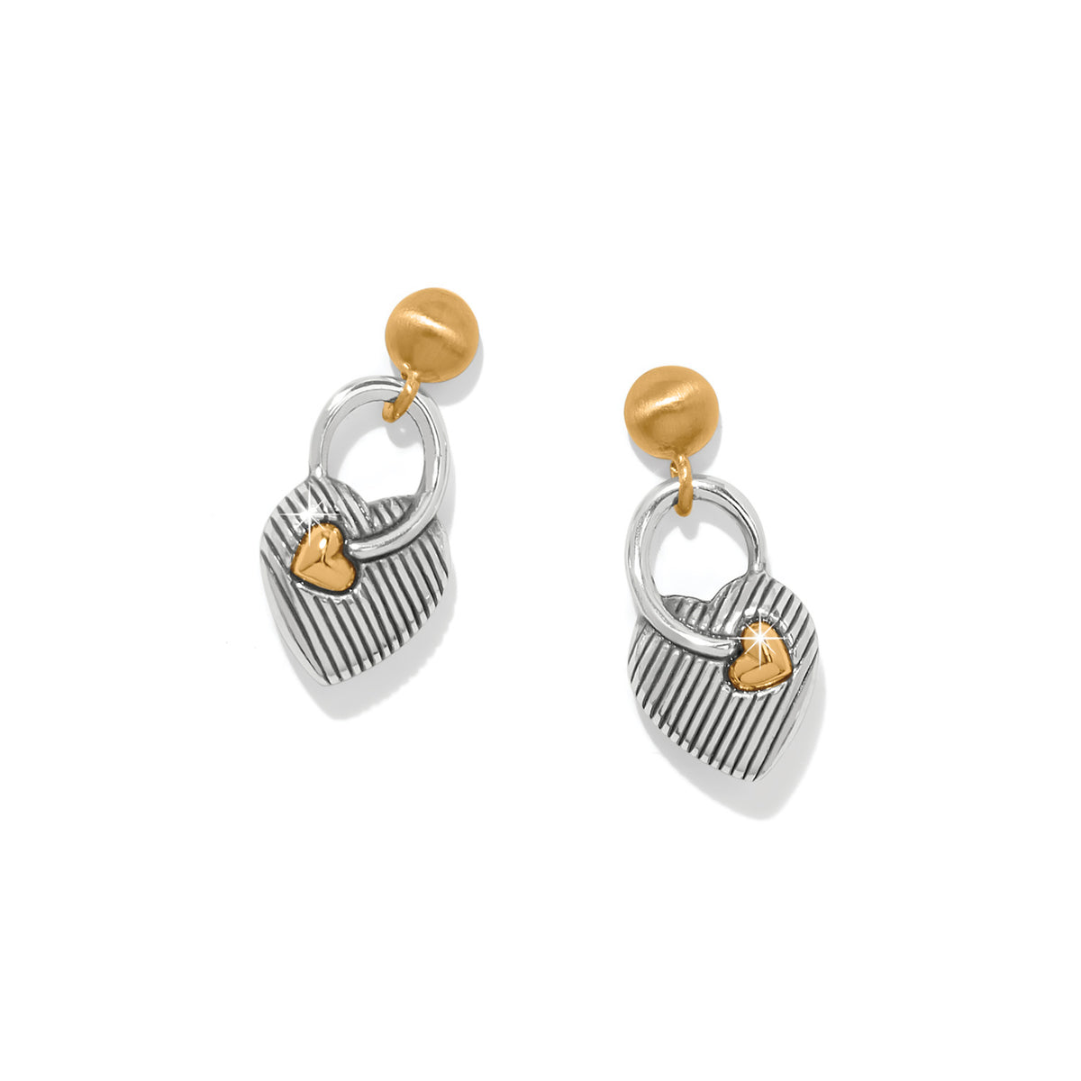 Two-tone silver and gold One Heart post drop earrings with textured heart charms.